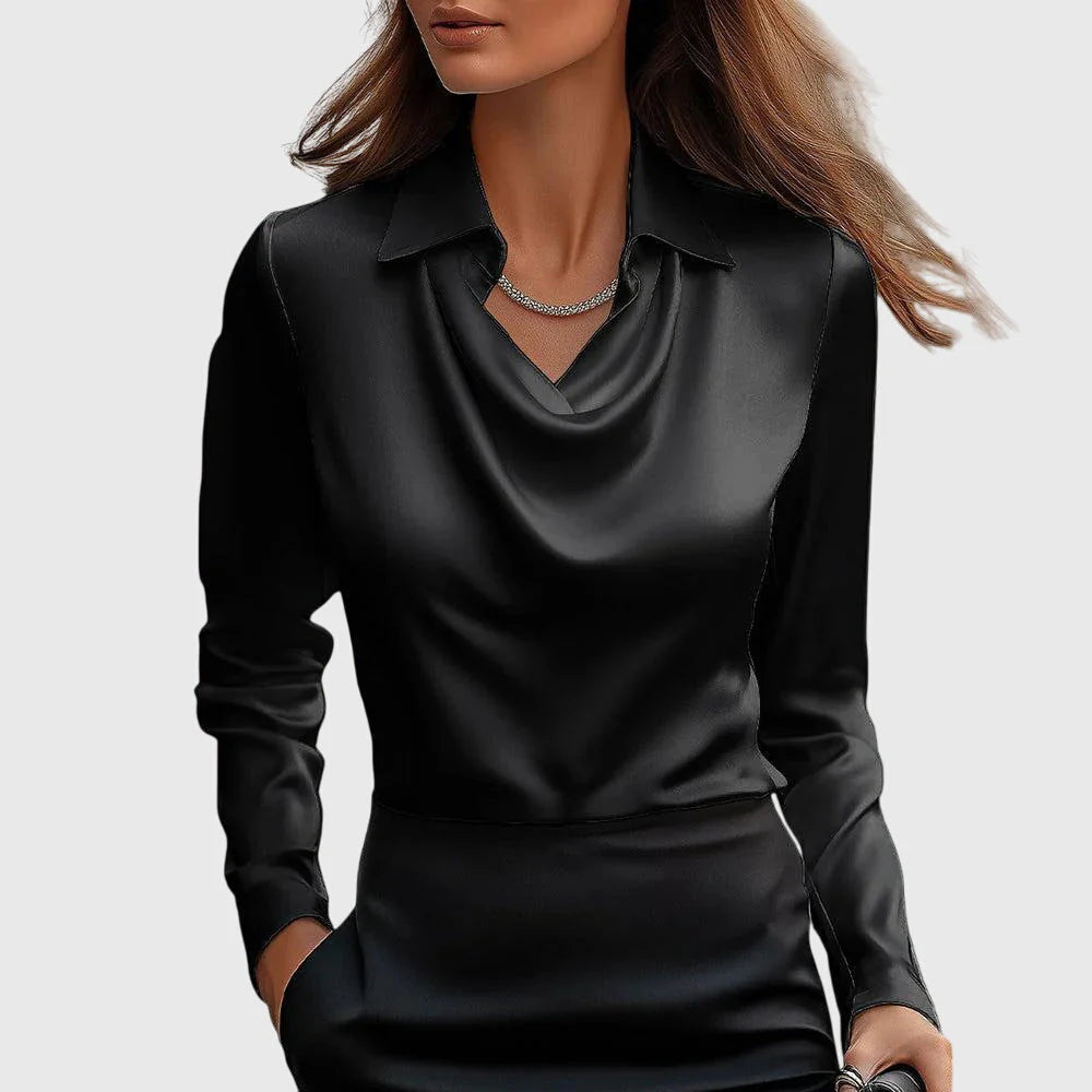 Luxurious shiny blouse with pleated collar