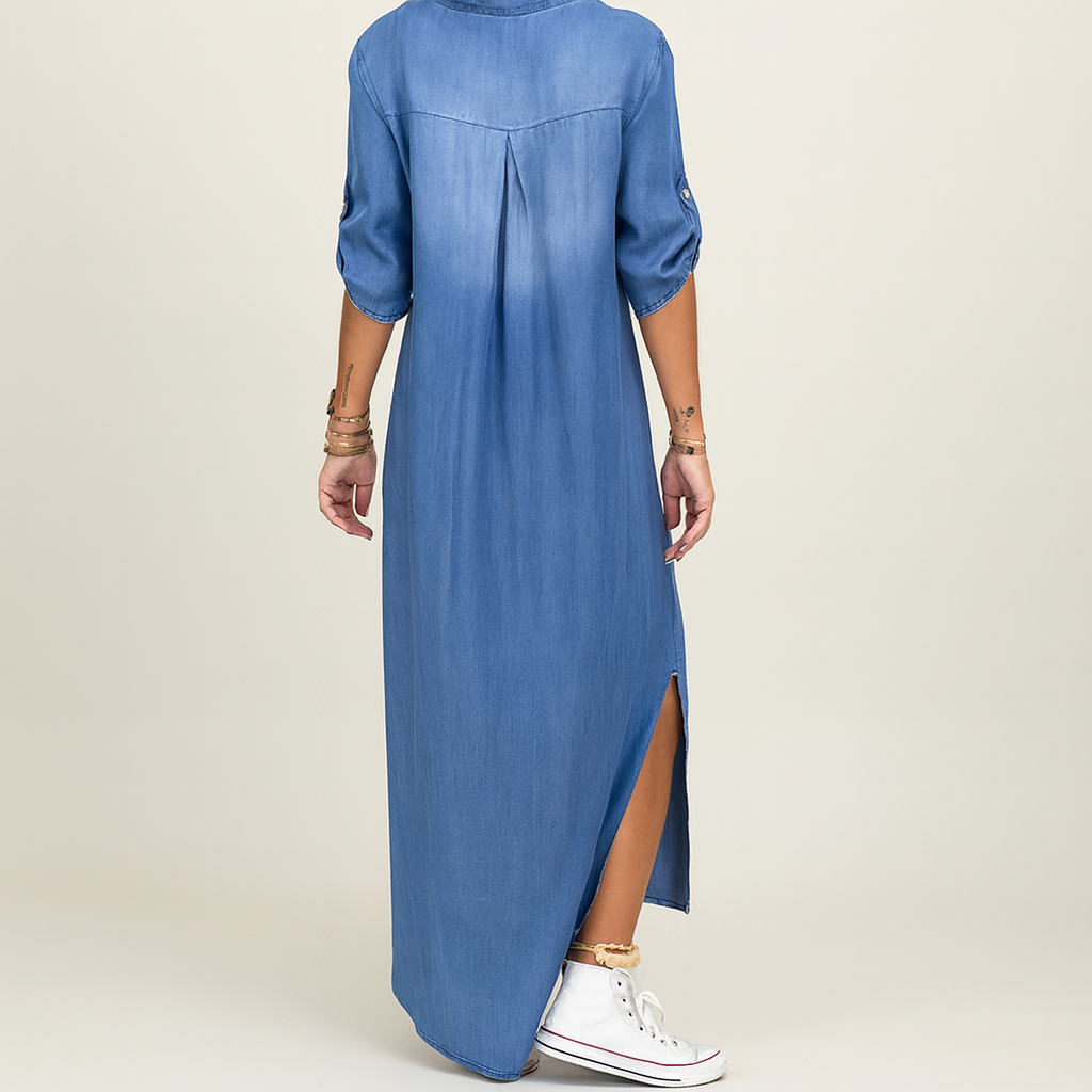 Long denim effect dress with side slit