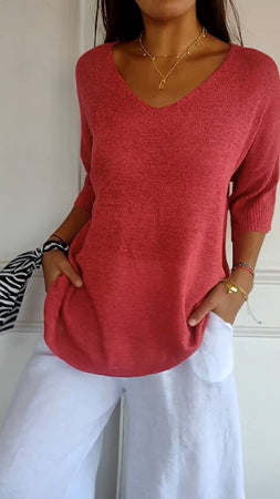 Sara - Plain Knit V-Neck Top